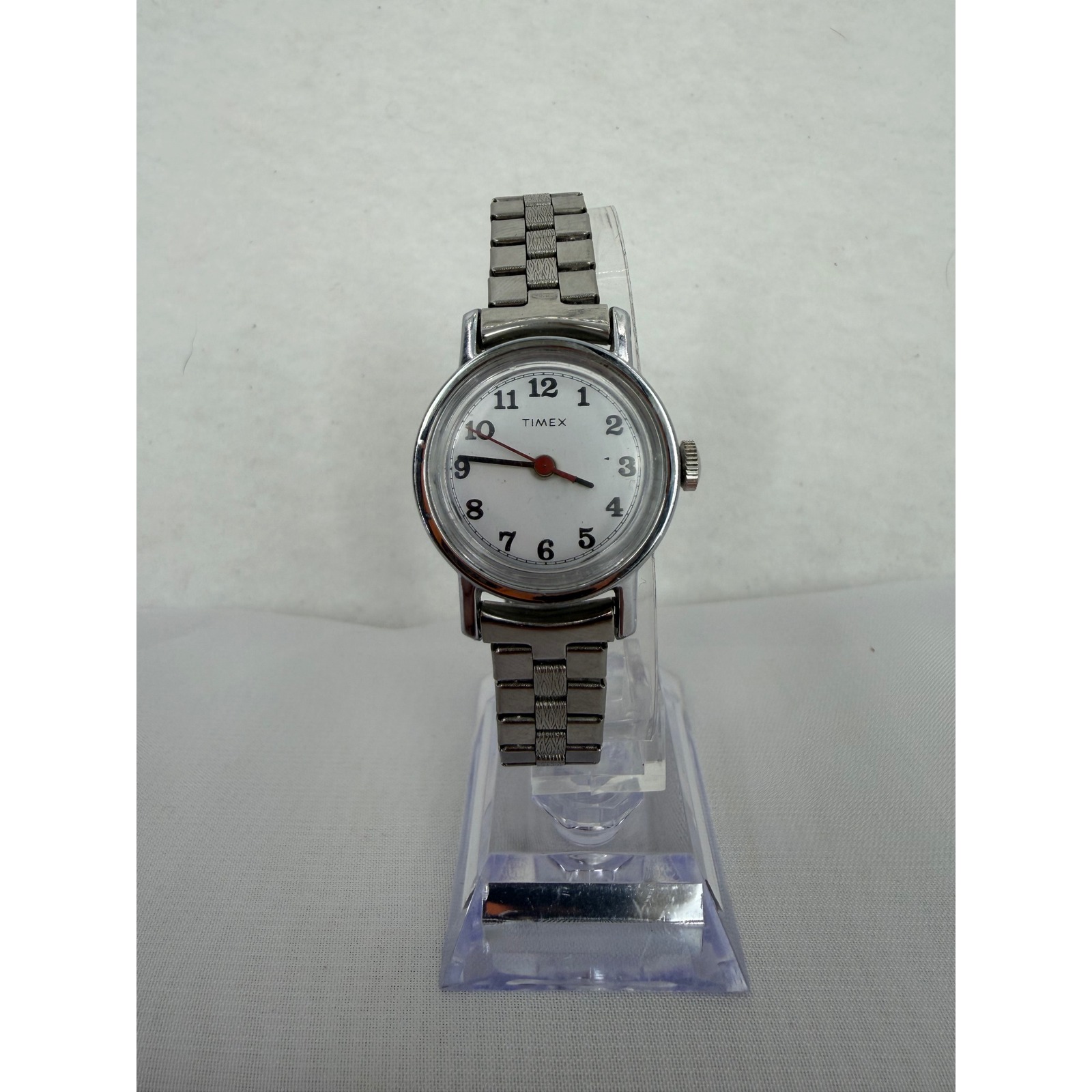 Vintage Timex Manual Wind Watch Silver Tone Expansion Band White Dial 27mm